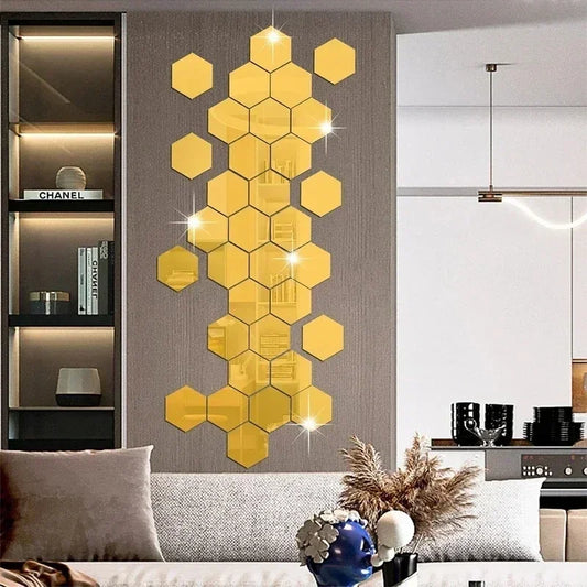 Hexagon Acrylic Mirror Wall Sticker Acrylic Adhesive Gold Silver Mosaic Tiles Removable DIY Bedroom Bathroom Home Decor Sticker