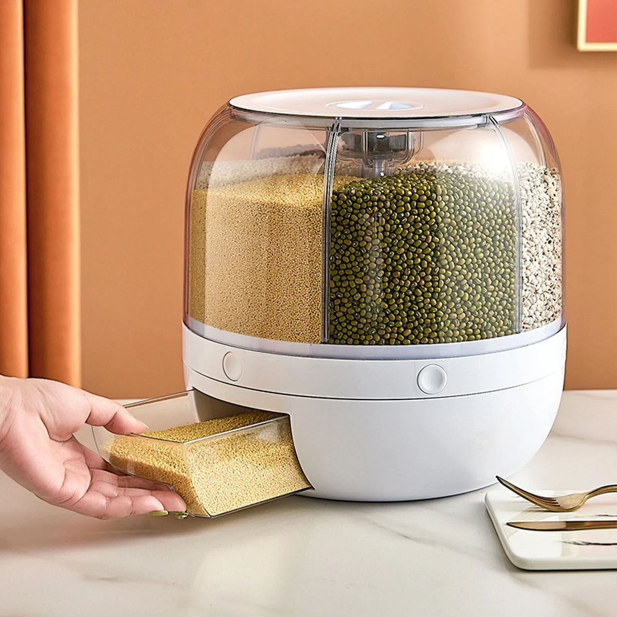 6 Grids Grain Dispenser Rotation Grain Storage Tank Insect Proof Grain Sealed Container For Home Kitchen