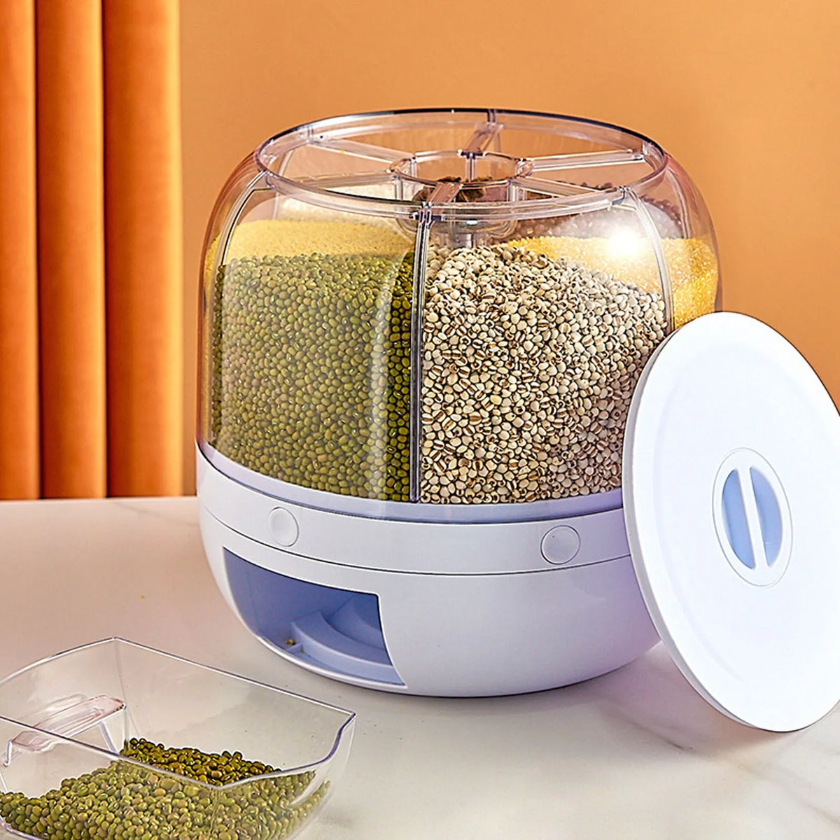 6 Grids Grain Dispenser Rotation Grain Storage Tank Insect Proof Grain Sealed Container For Home Kitchen