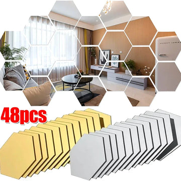 Hexagon Acrylic Mirror Wall Sticker Acrylic Adhesive Gold Silver Mosaic Tiles Removable DIY Bedroom Bathroom Home Decor Sticker
