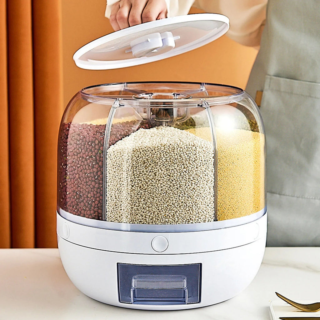 6 Grids Grain Dispenser Rotation Grain Storage Tank Insect Proof Grain Sealed Container For Home Kitchen