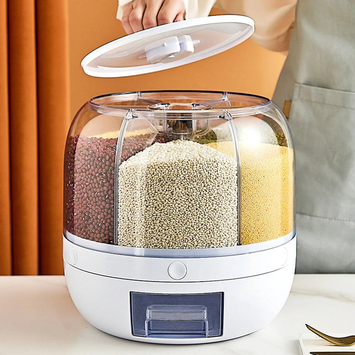 6 Grids Grain Dispenser Rotation Grain Storage Tank Insect Proof Grain Sealed Container For Home Kitchen
