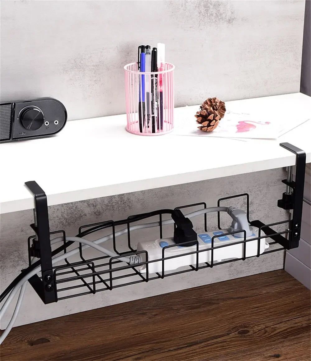 Under Table Storage Rack Metal Cable Management Tray Home Office Desk Wire Organizer No Punching Kitchen Storage Accessories