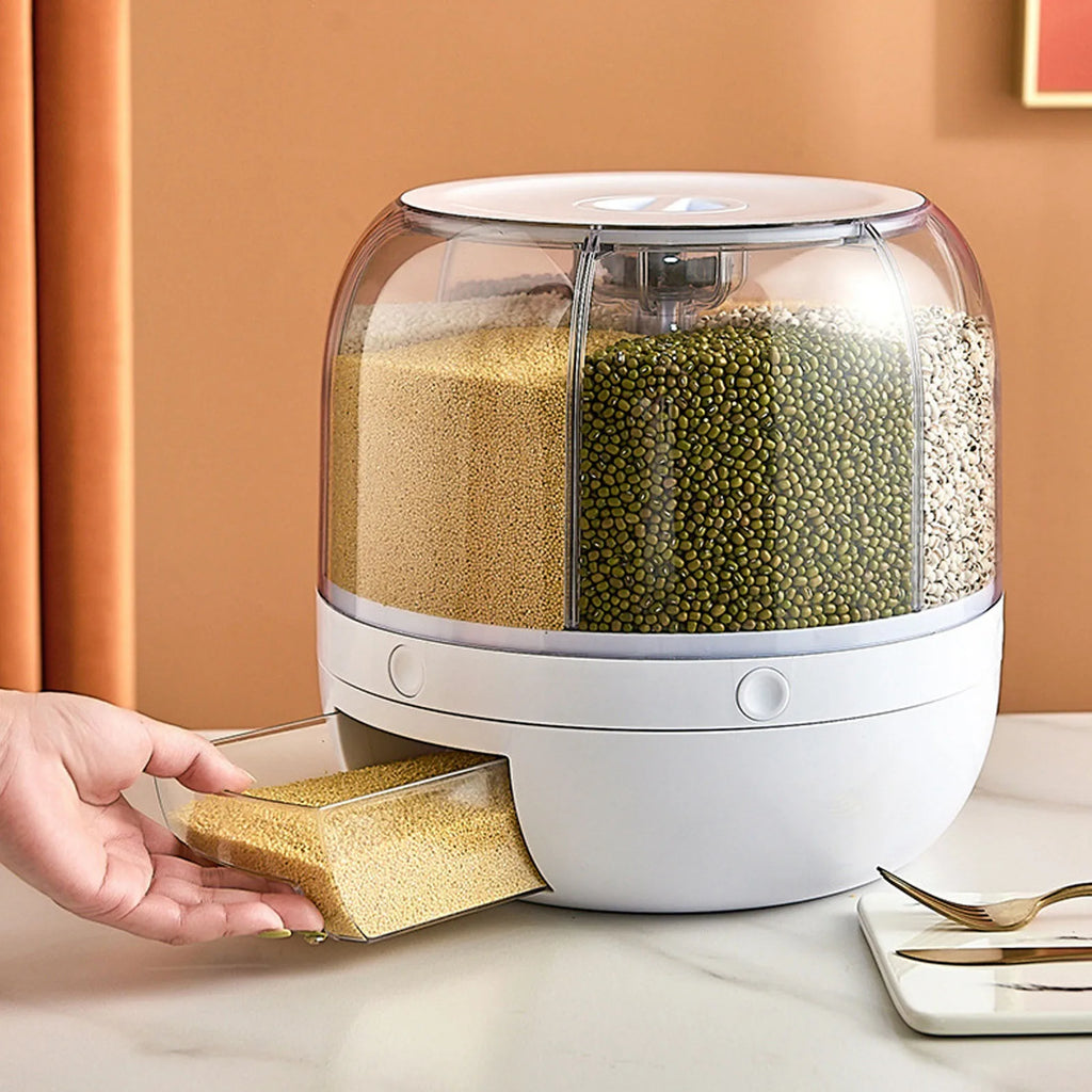6 Grids Grain Dispenser Rotation Grain Storage Tank Insect Proof Grain Sealed Container For Home Kitchen